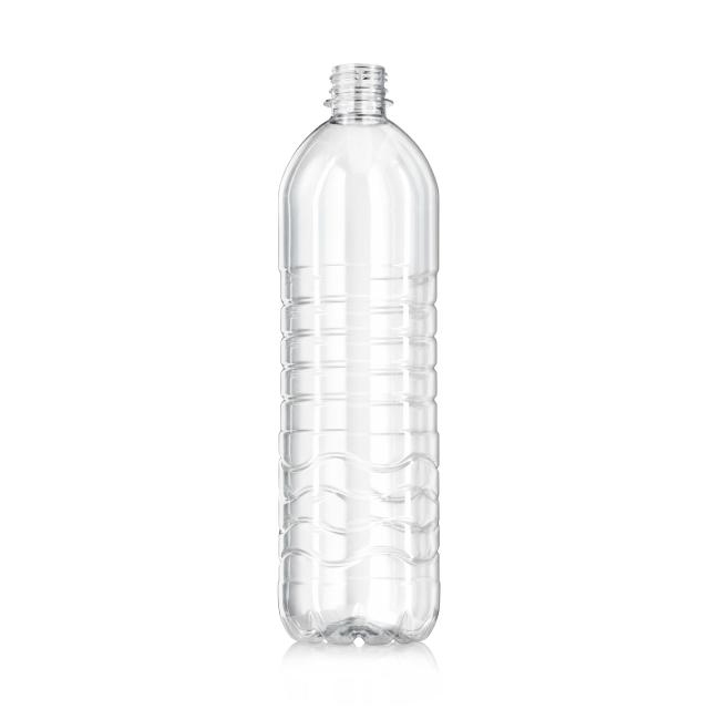 A clear 1000ml PET bottle that is manufactured in Poland by ALPLA.