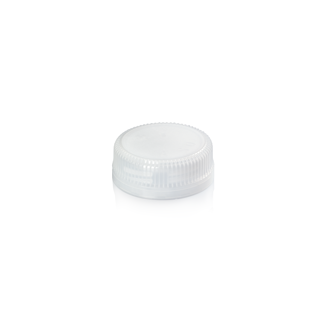 ALPLA GME30.28 Sicily transparent tamper-evident plastic closure, shown in front view with ribbed grip design.