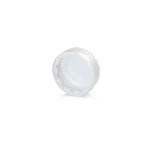 ALPLA GME30.28 Sicily transparent tamper-evident plastic closure, shown in angled view with ribbed grip design.