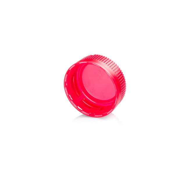 ALPLA GME30.38 Sardinia red tamper-evident plastic closure, shown in angled view with tamper-evident band and ribbed grip design.