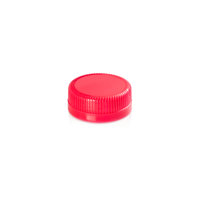 ALPLA GME30.38 Sardinia red tamper-evident plastic closure, shown in front view with ribbed grip design.